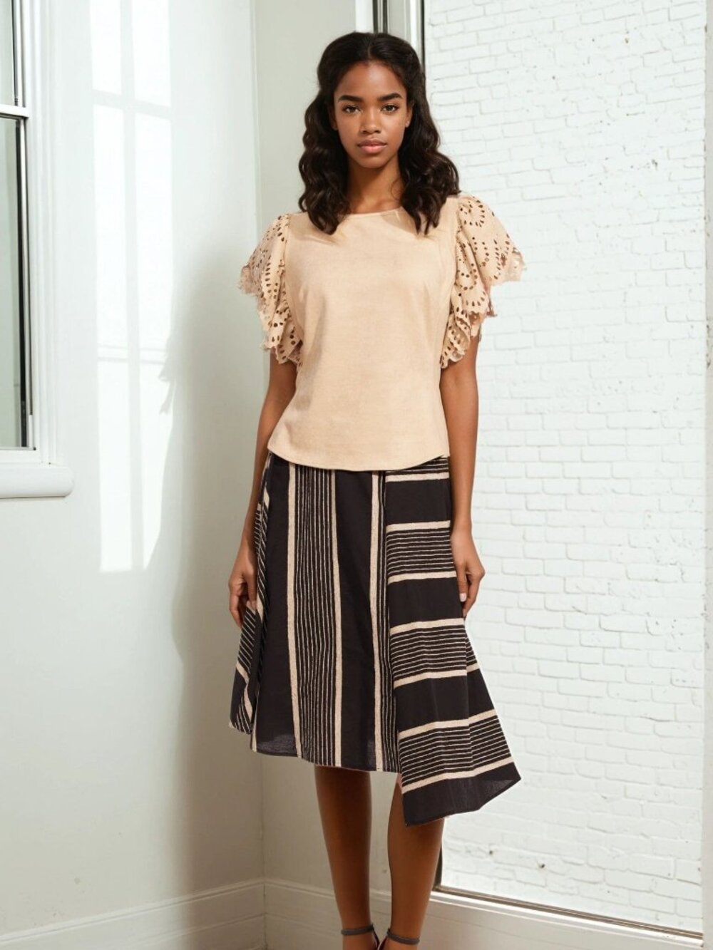 Eva Franco Anthropologie A Line Stripe Black and cream stripe Skirt midi nwt